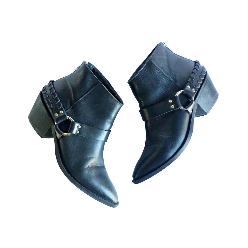 BRUSQUE Women's Black Leather Ankle Boots Pointed Toe Sz 38 7.5 Heeled Booties